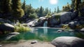 Small waterfall flowing into blue lake surrounded by rocks and green trees growing. AI Generative Royalty Free Stock Photo