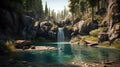 Small waterfall flowing into blue lake surrounded by rocks and green trees growing. AI Generative Royalty Free Stock Photo