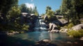 Small waterfall flowing into blue lake surrounded by rocks and green trees growing. AI Generative Royalty Free Stock Photo