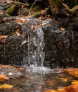 Small waterfall flowing through moss covered rocks and fallen colorful autumn leaves Royalty Free Stock Photo