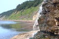 The waterfall flows down to the sea. Sakhalin