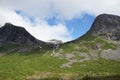 A small waterfall flows down the slope between the mountains in Norway in summer Royalty Free Stock Photo