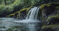Small waterfall flows over rock creating dynamic cascade and splashes of water Royalty Free Stock Photo