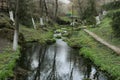 A small waterfall in the forest. Bright juicy greens and splashes of water. A quiet and peaceful place for family holidays