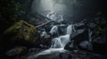 a small waterfall in the middle of a forest filled with rocks and mossy trees, with a fallen tree branch sticking out of the Royalty Free Stock Photo