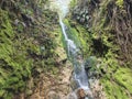 small waterfall in the middle of the forest and between green moss rocks Royalty Free Stock Photo