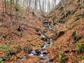 Small waterfall or mountain stream in an autumn canyon in the forest. A beautiful forest view in late autumn Royalty Free Stock Photo