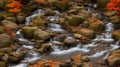 A small waterfall in the mountains among the stones. Water flows among the stones and fallen autumn leaves. Generation AI Royalty Free Stock Photo