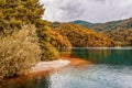 Small waterfall of one of the most amazing Plitvice Lakes in autumn, Croatia Royalty Free Stock Photo