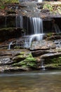 Small waterfall over wet rocks covered in moss and autumn leaves flowing into a stream below