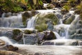 Small Waterfall in park with beautifull smooth water. Little waterfall in mountain forest with silky foaming water. Royalty Free Stock Photo