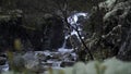 Small waterfall between the rocks in the forest. Clip. Mountainous stream coming down from the stones. Royalty Free Stock Photo