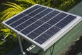 A small 50 watt Polycrystalline solar panel mounted on the edge of the roof of a house for an off-grid light