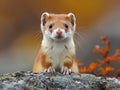 A small weasel is sitting on top of a rock