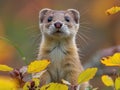 A small weasel is standing in the leaves