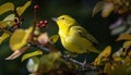 Small weaverbird perching on colorful branch, singing melody generated by AI