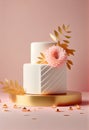 A small wedding cake decorated with pink flower and gold branches