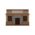 Small western house with wood porch and blank signboard. Old wild west saloon. Wooden building. Flat vector icon Royalty Free Stock Photo