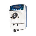 Small white AC powered peristaltic pump with LCD screen isolated on white background