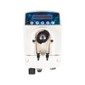 Small white AC powered peristaltic pump with LCD screen isolated on white background