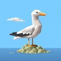 Playful 8-bit Seagull Illustration On Low Poly Island