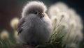 a small white bird sitting on top of a field of dandelions. generative ai