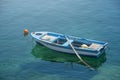 Small white blue boat with paddles anchored on the shore Royalty Free Stock Photo