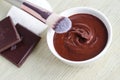 Small white bowl with diy cocoa dark chocolate face mask. Homemade beauty treatments. Copy space