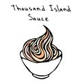 Small White Bowl of Light Pink Thousand Island Sauce. Subway Sauce 1000 Islads for Fast Food. Realistic Hand Drawn Illustration. S Royalty Free Stock Photo