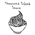 Small White Bowl of Light Pink Thousand Island Sauce. Subway Sauce 1000 Islads for Fast Food. Realistic Hand Drawn Illustration. S Royalty Free Stock Photo