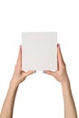 Small white cardboard box in female hands. Top view. Isolate