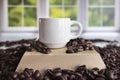 Small white ceramic espresso cup sitting on a pile of coffee beans