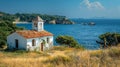 Small White Church on Hill by Ocean Royalty Free Stock Photo