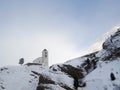 Small white church in winter in the Swiss Alps