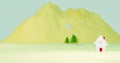 Small white country house with cows, trees and mountains in the background, low poly 3d illustration