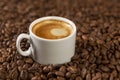 A small white cup of coffee stands on coffee beans. Fragrant pleasure. Background. Space for text Royalty Free Stock Photo