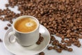 A small white cup of coffee stands on coffee beans. Fragrant pleasure. Space for text. White background Royalty Free Stock Photo