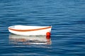 Small white dinghy with clinker lines and orange stripe