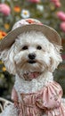 Small white dog in hat and pink dress, a toy companion breed Royalty Free Stock Photo