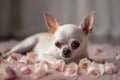 a small white dog laying on top of a bed of roses Royalty Free Stock Photo