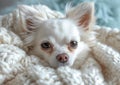 Small White Dog Laying on Top of a Blanket.