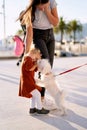 Small white dog is licking a 2-year old girl`s face Royalty Free Stock Photo