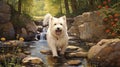 Joyful Folk Art Painting: White Dog Walking By Stream With Playful Characters