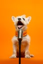 Small white dog wearing scarf and singing into microphone with its mouth open. Generative AI