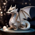 small white dragon with wings in a fairy room with crystal curtains and precious stones. marble figure