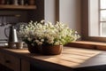 Small white flowers on morning light in window Royalty Free Stock Photo