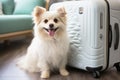 A small white happy dog sits in the room next to a suitcase. The concept of vacation, moving, transporting animals