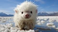 A small white hedgehog standing on top of a pile of snow, AI