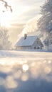 Small white house with a chimney is surrounded by snow Royalty Free Stock Photo
