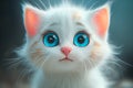 A small white kitten with big blue eyes looks surprised close-up. Emotions of shock, surprise and fright.